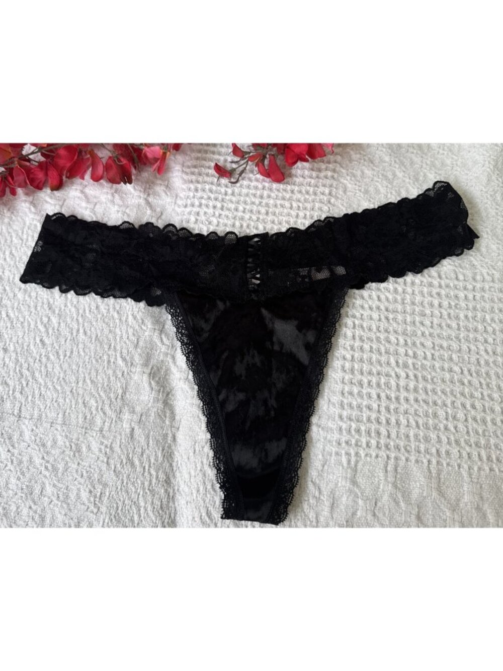VICTORIA'S SECRET L BLACK VELVET LACE UP CUT OUT WIDE STRING THONG PANTIES NWT